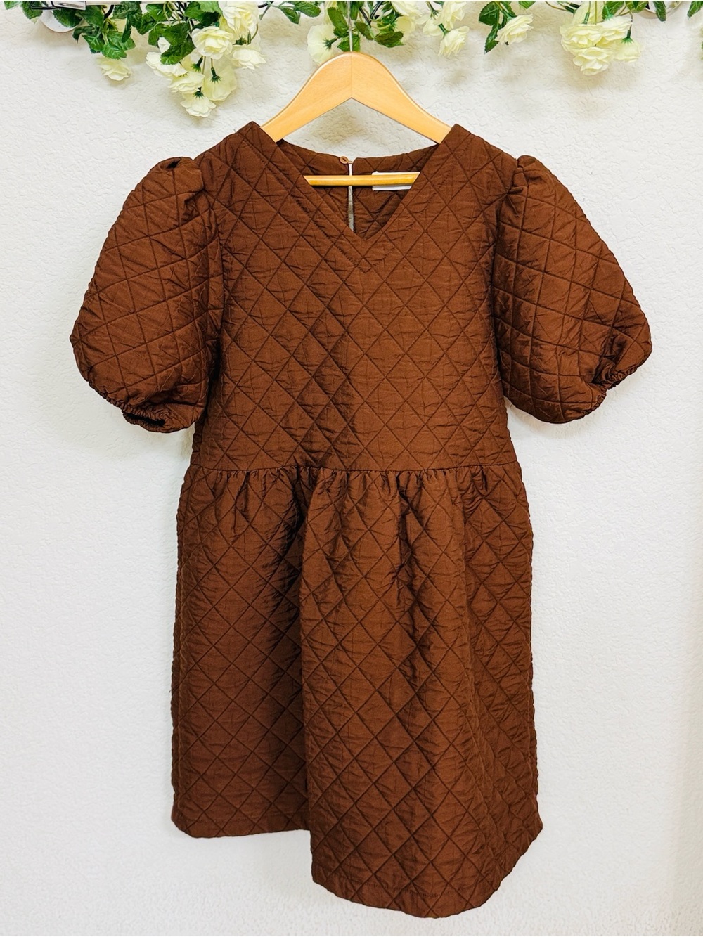 Zara • Girls Brown Quilted Puff Sleeve Babydoll Dress Fall Cottagecore